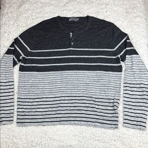 Vince Men's Striped Henley Sweater, Cashmere Blend, Black/Gray Striped, Size XXL